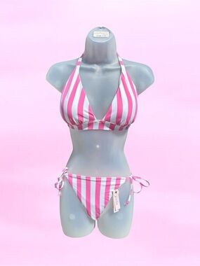 Victoria’s Secret Cabana Pink & White Stripe Halter Bikini Medium New!